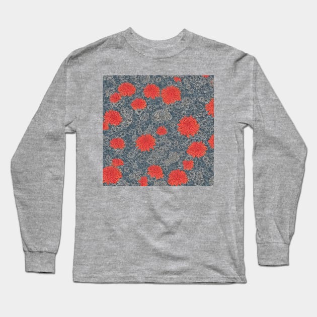 Red and Grey Chrysanthemum Pattern Long Sleeve T-Shirt by craftydesigns